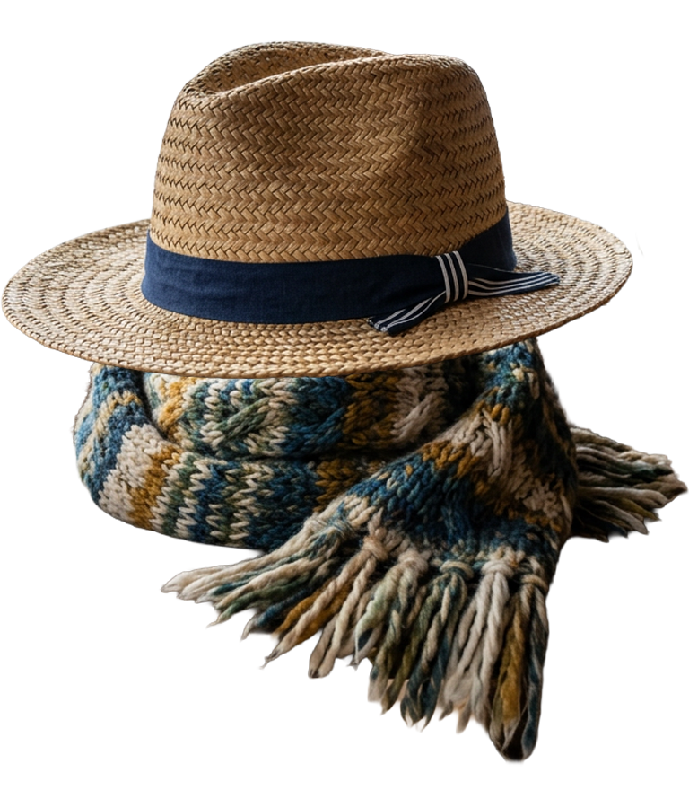 Strohhut liegt auf einem Winterschal und soll das ganzjährige Ferienangebot symbolisieren