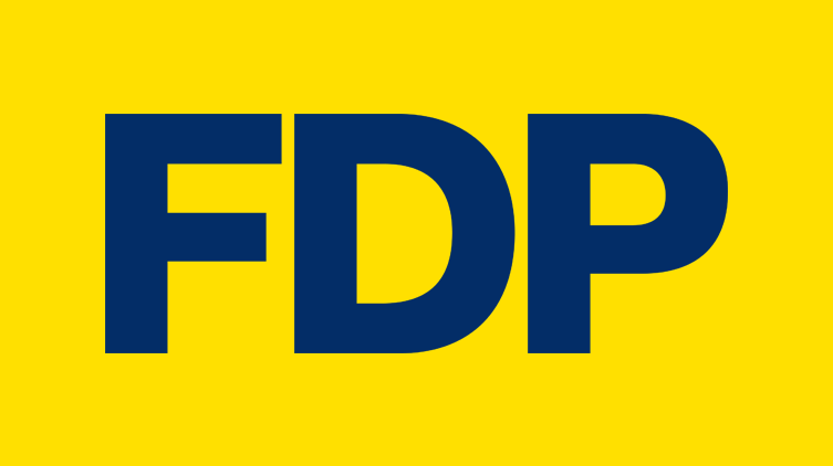 Logo der FDP mit blauen Buchstaben auf gelbem Hintergrund