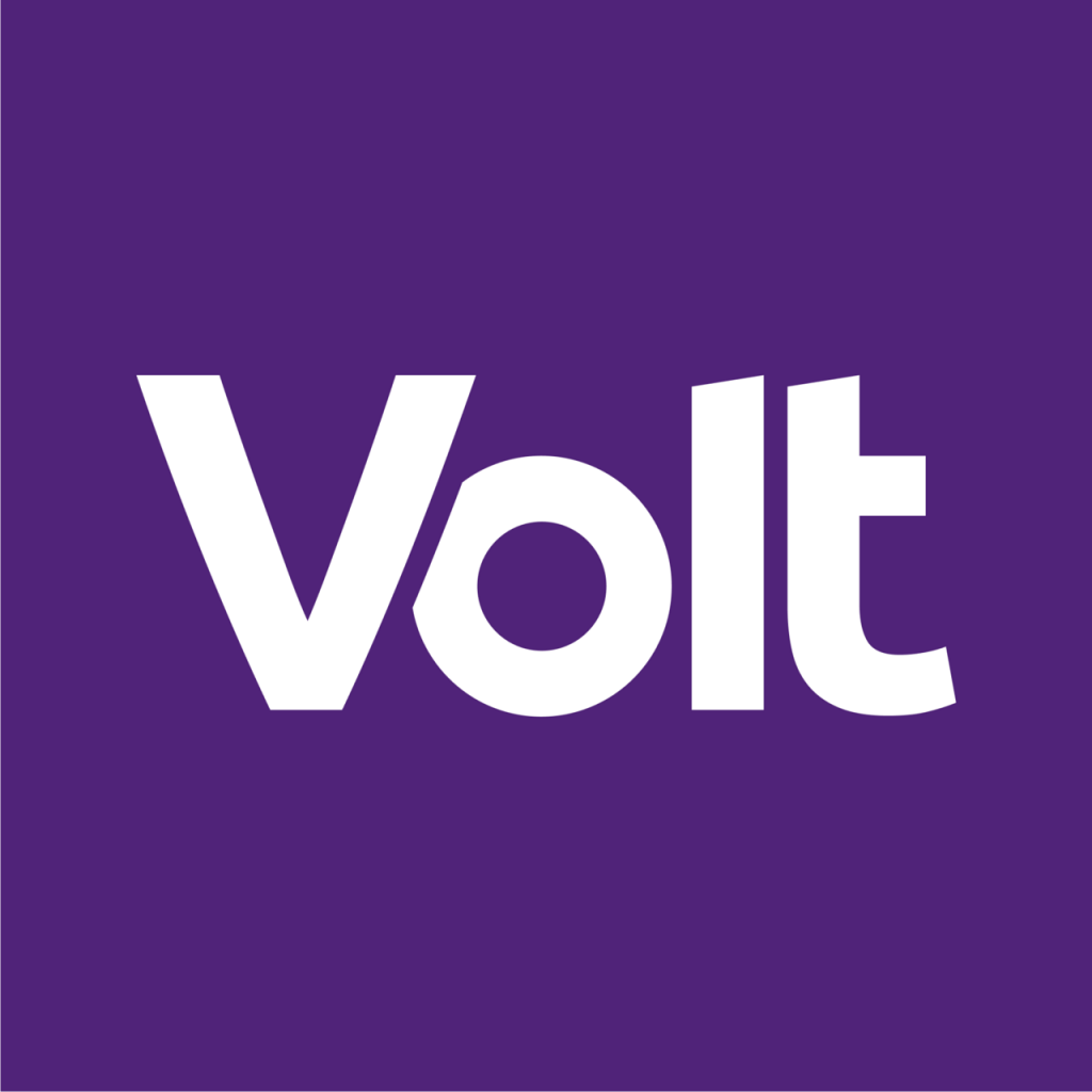 Logo der Partei Volt mit weißen Buchstaben auf lilafarbenem Hintergrund